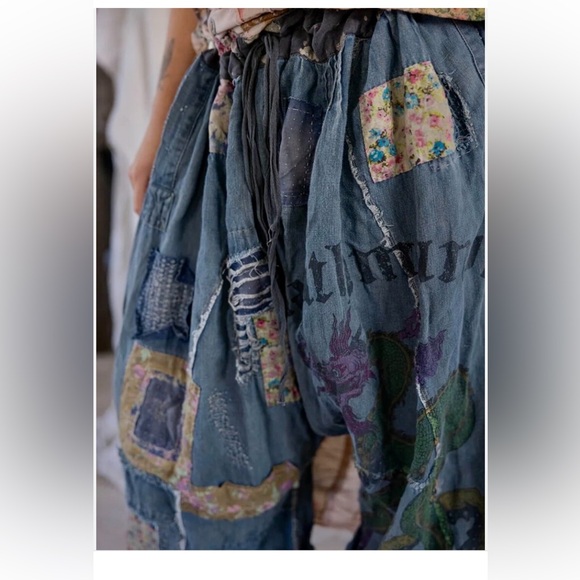 Magnolia Pearl Patchwork Kathmandu Samantha Trousers Drop Crotch Linen O/S NWT - Picture 4 of 8